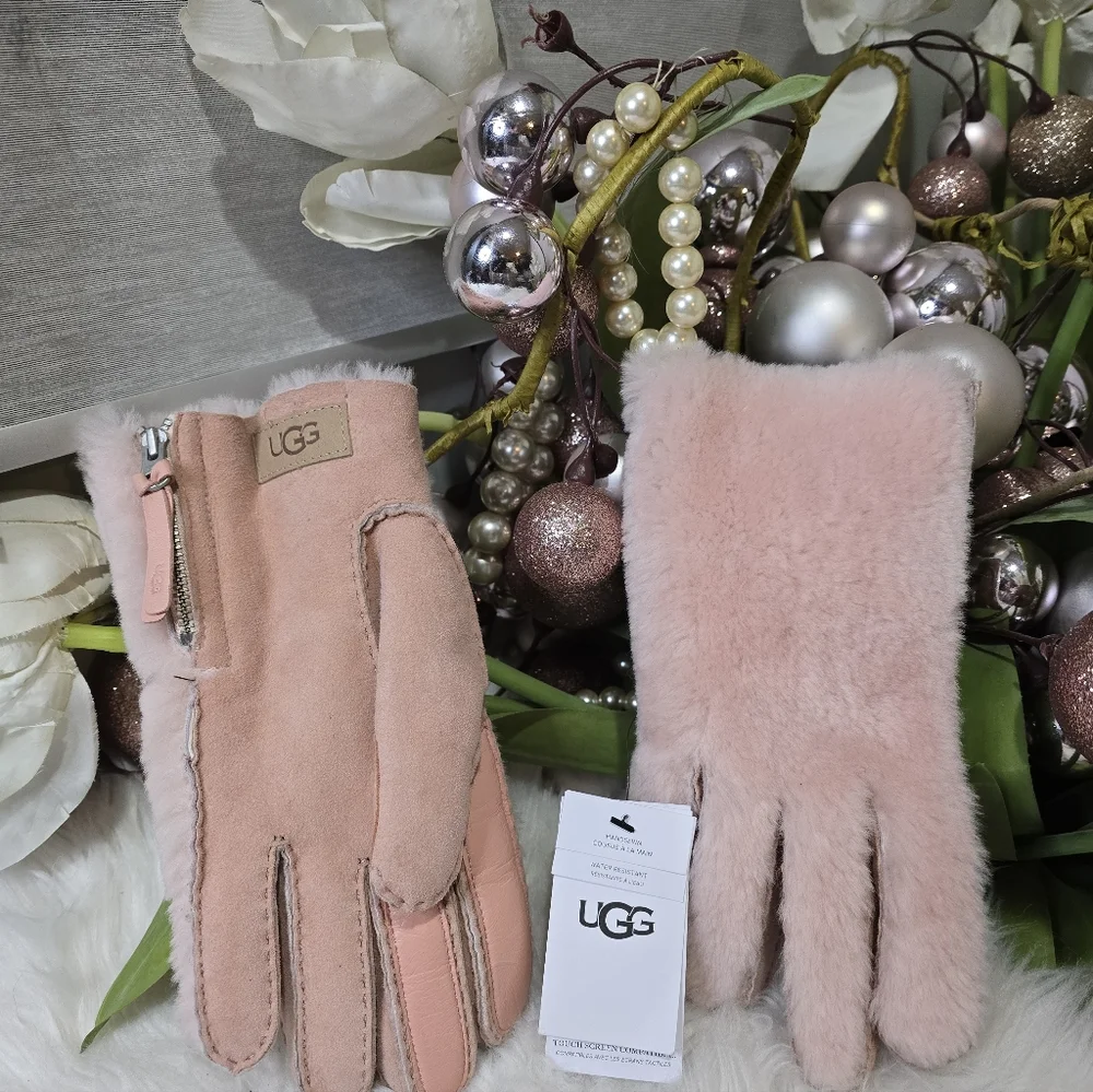 UGG PLUSH ZIP SHORTY GLOVE WOMENS L HAND SEWN SHEEPSKIN CONDUCTIVE~APPLE BLOSSOM